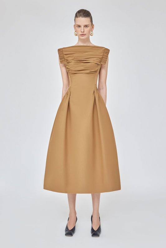 Pleated Bust sleeve white midi bridal dress - Brown Flame