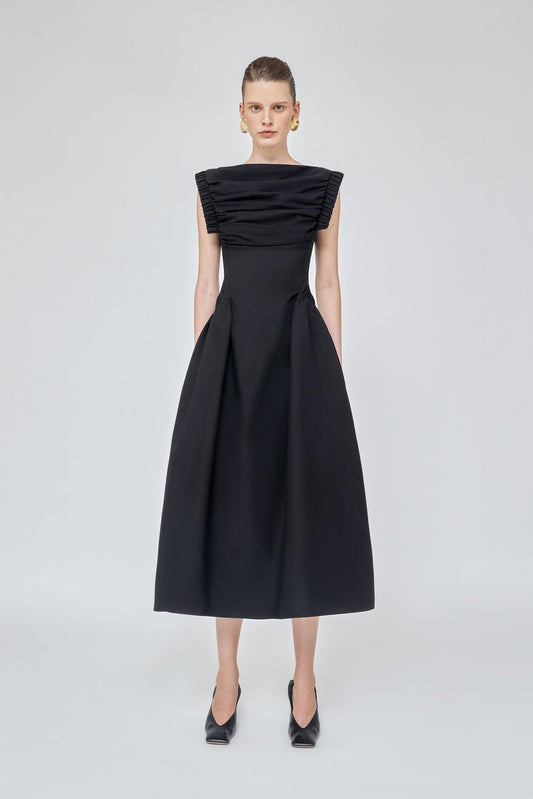 Pleated Bust sleeve white midi bridal dress -Black Flame