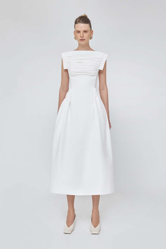 Pleated Bust sleeve white midi bridal dress - Flame