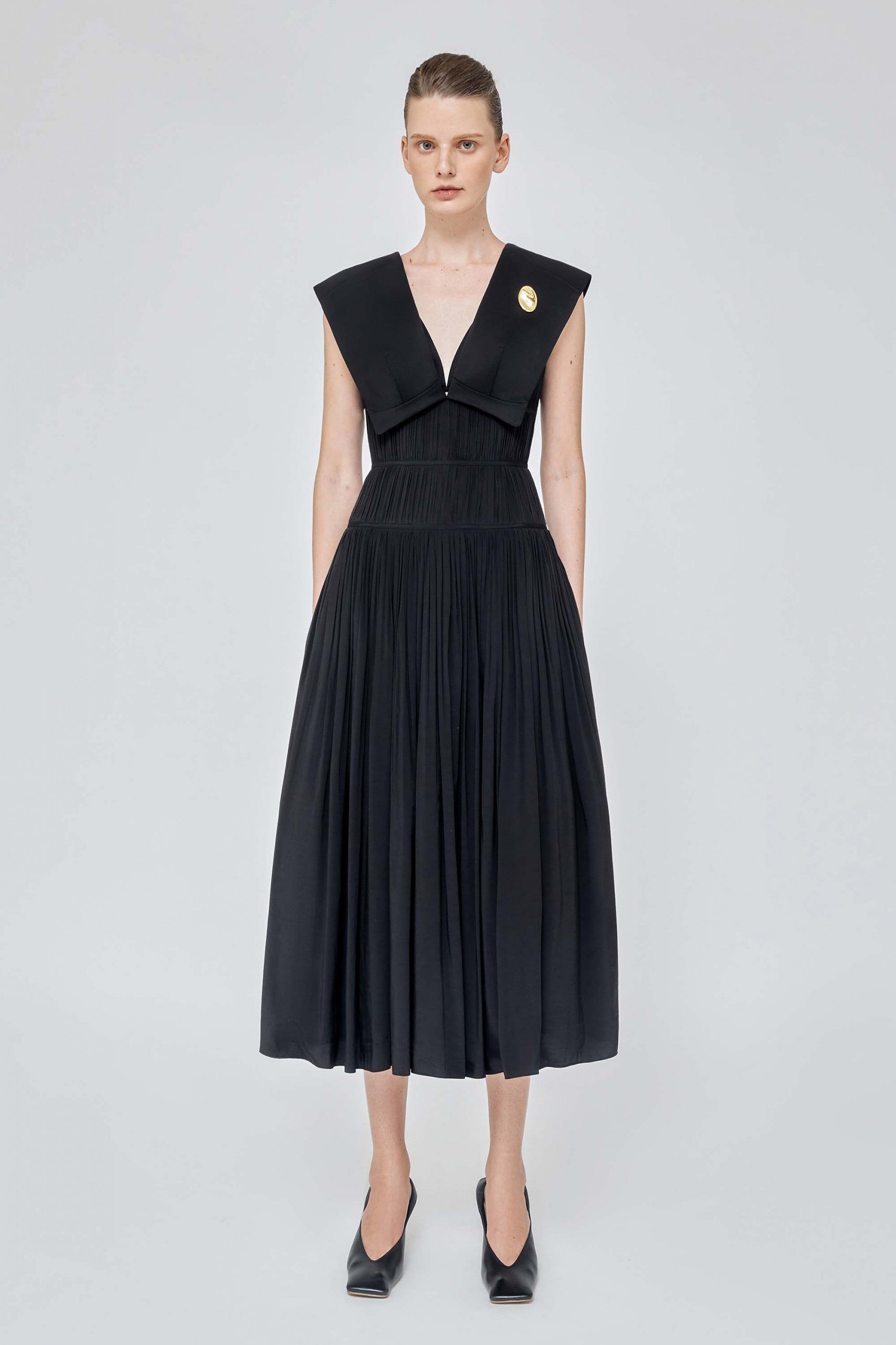 sleeveless shawl neck pleated midi dress White House Black Market Petite Sleeveless Shawl Neck Pleated Midi Dress
