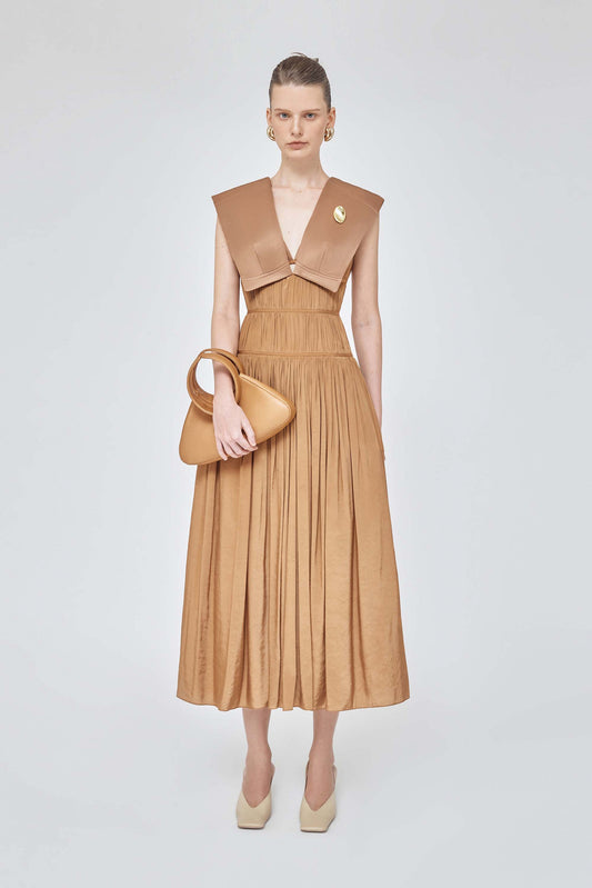 Shawl collar sleeveless elastic deep v neck pleated waist drape brown dress - Harp