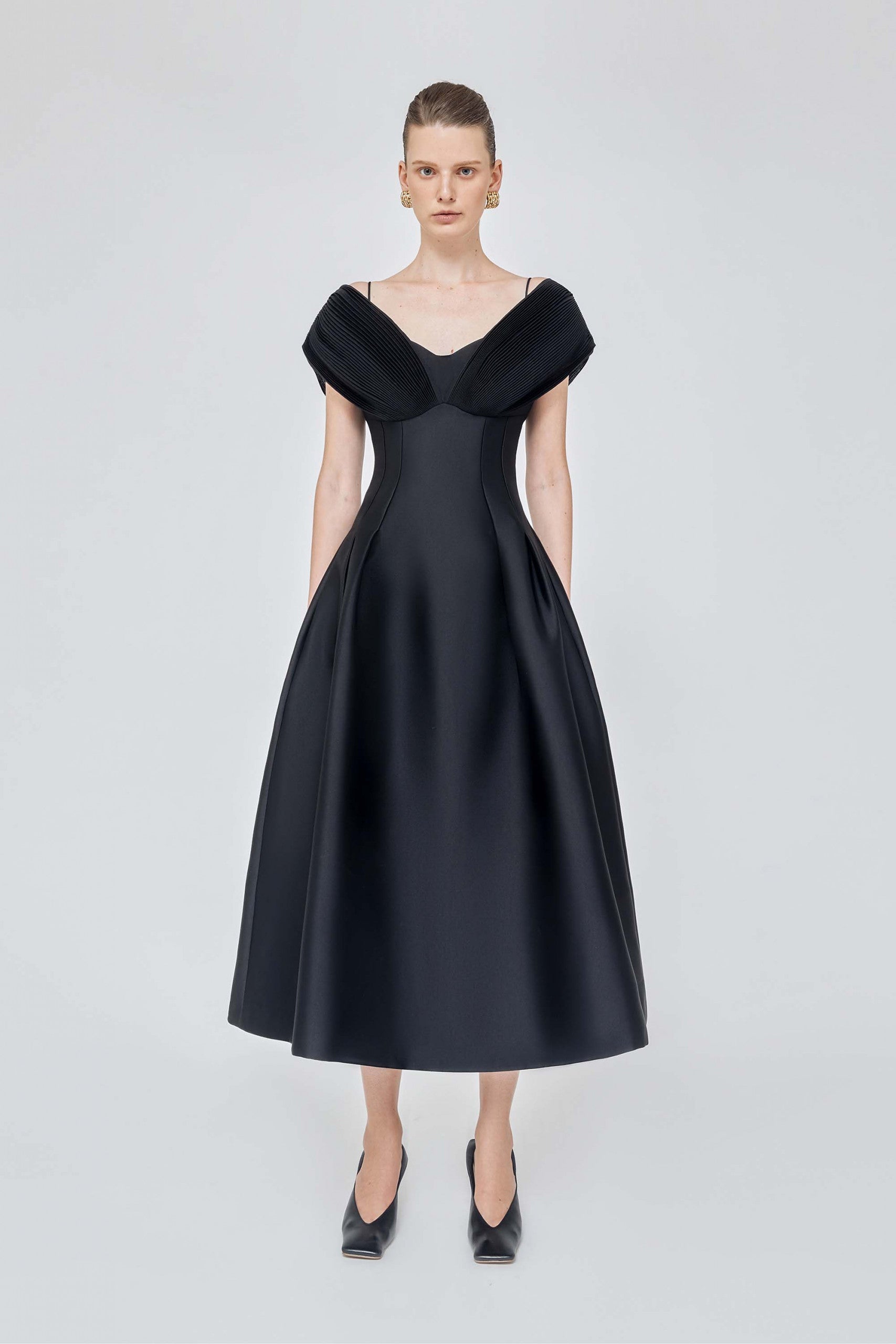 Black Pleated Sleeve Dress Puff Skirt Elegant Cocktail Lbd Midi Dress - Janelle M / White Black Pleated Sleeve Dress Puff Skirt Elegant Cocktail Lbd Midi Dress - Janelle M / White