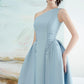 One shoulder pleated waist tailored midi cocktail weding guest bridesmaids dress - Michelle