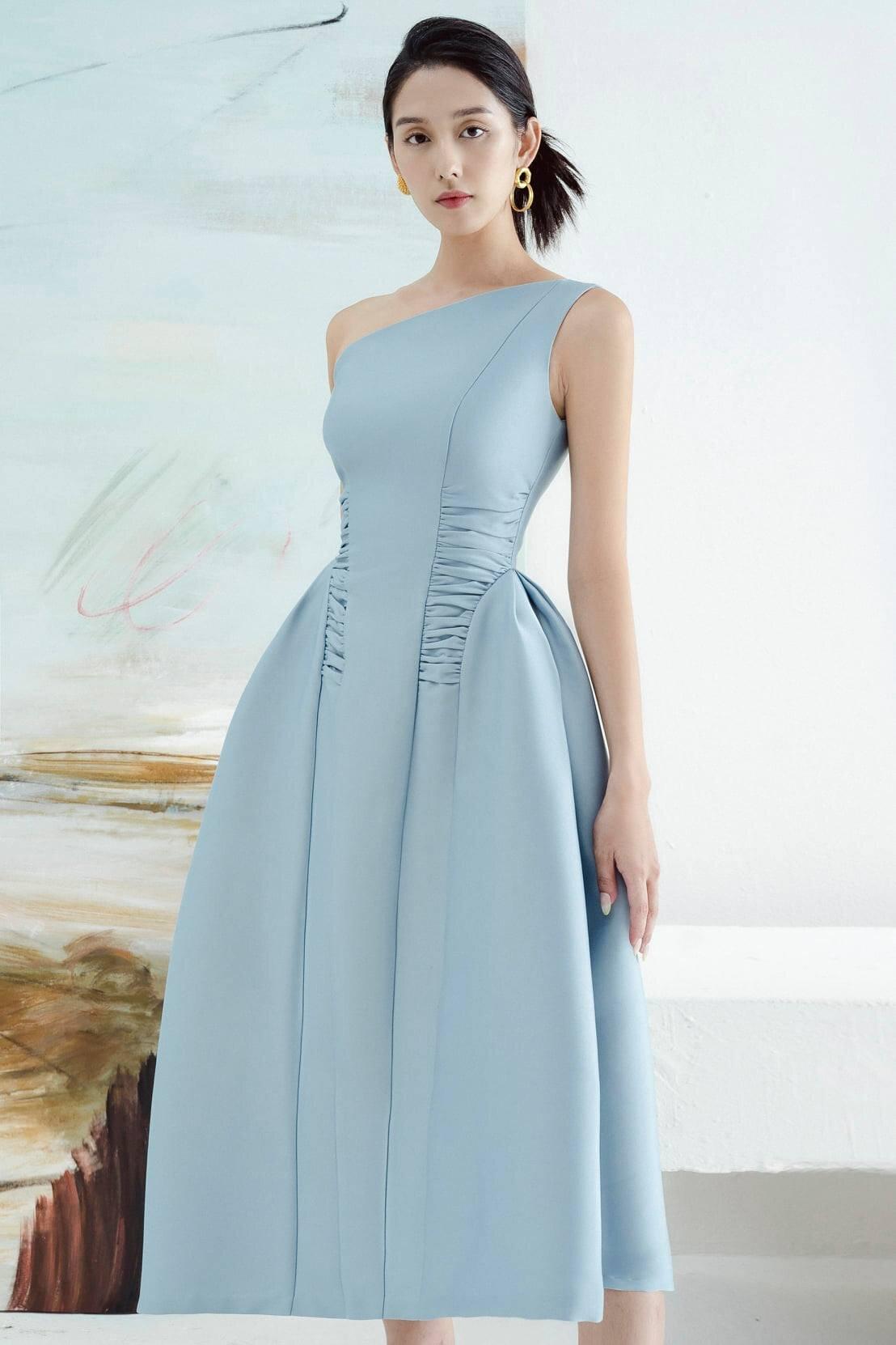 One shoulder pleated waist tailored midi cocktail weding guest bridesmaids dress - Michelle