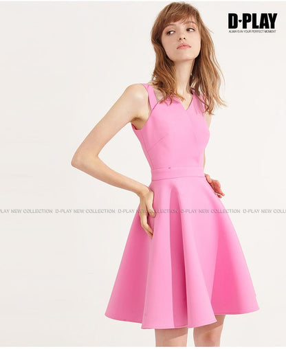 Pink neckline asymmetric waist sleeveless Asymmetric Geometric neckline dress- Kona