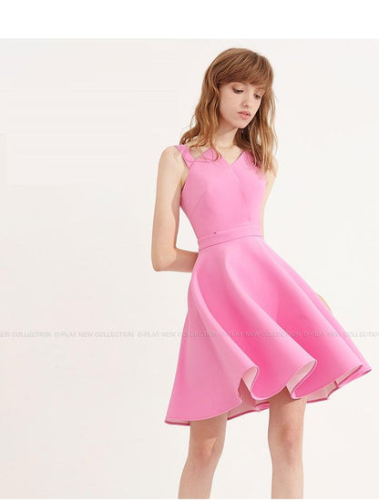 Pink neckline asymmetric waist sleeveless Asymmetric Geometric neckline dress- Kona