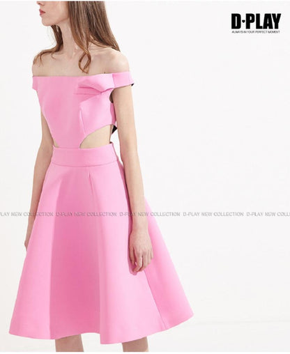 Rose Pink off shoulder neckline sleeveless skater cocktail wedding dress - mi