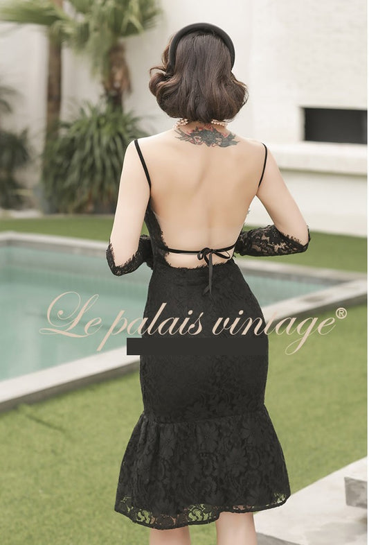 le palais vintage original retro elegant slim thin black lace backless fishtail dress