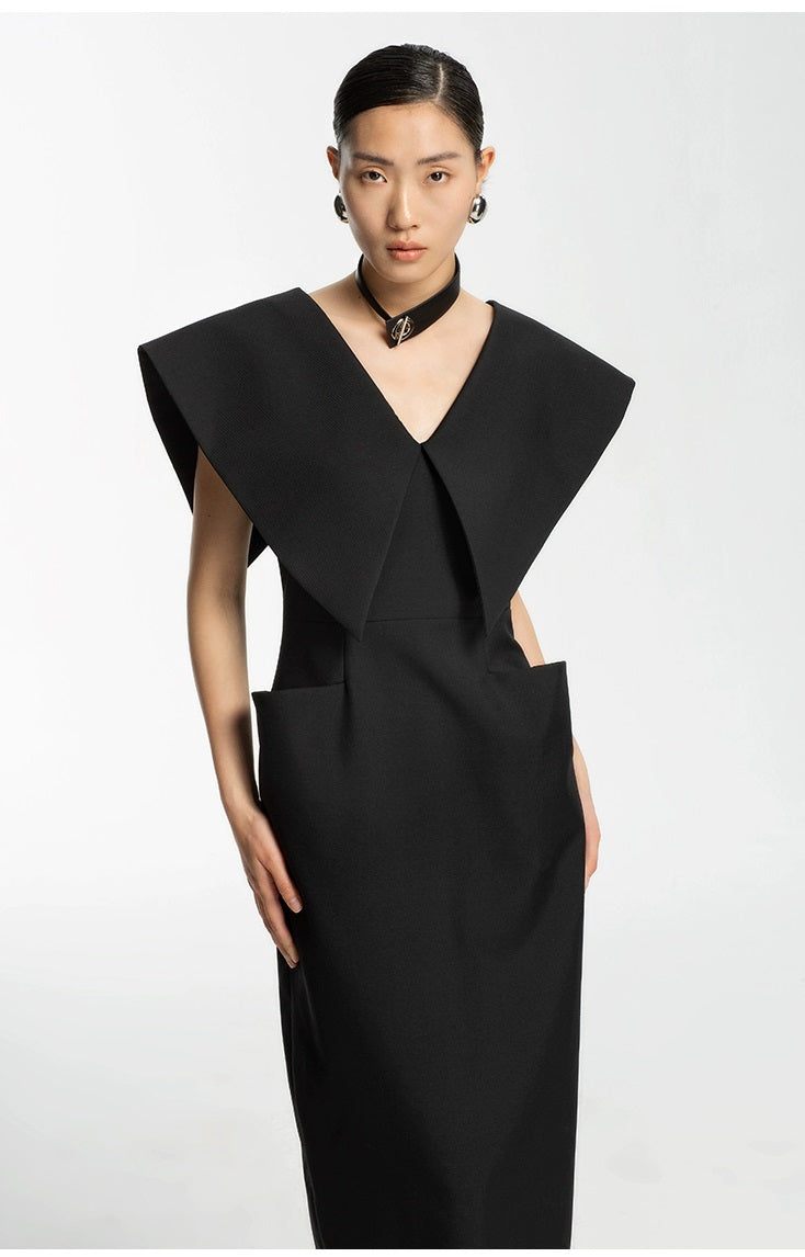 LEDI W-neck slim black pencil lbd dress - Sussiu