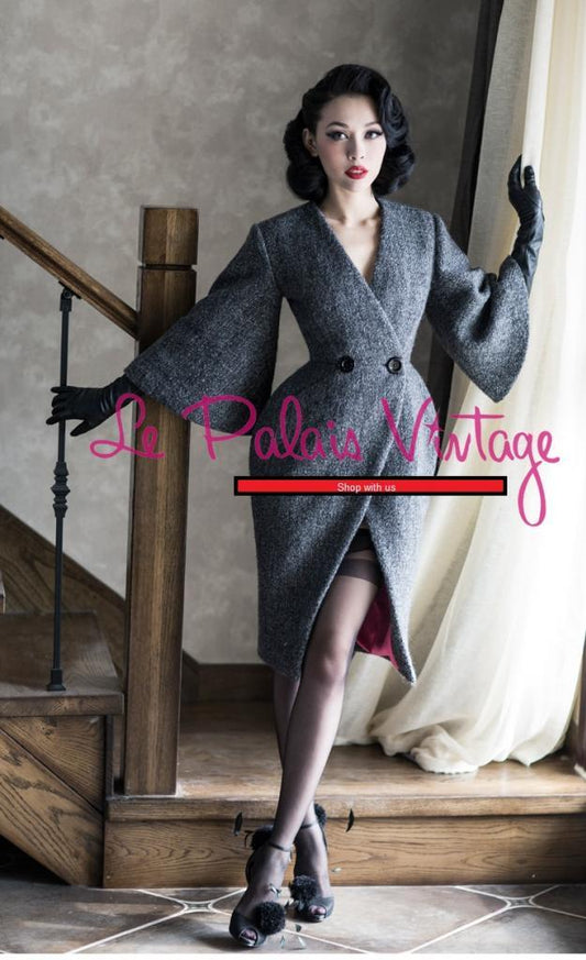 Le Palais vintage retro gray woolen coat waist trumpet sleeve- Fiona