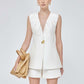 High end designer white short sleeveless pleatedv collar whiite short suit set - Alto