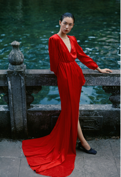 Retro red puff sleeves deep v-neck silk high waist pleated toast light dress trailing long dress- Luke