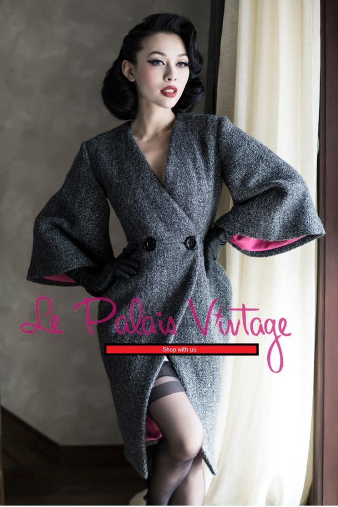Le Palais vintage retro gray woolen coat waist trumpet sleeve- Fiona