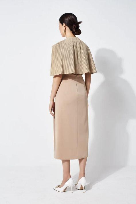 Elegant cape shoulder with pleated midi skirt two piece set - Mii
