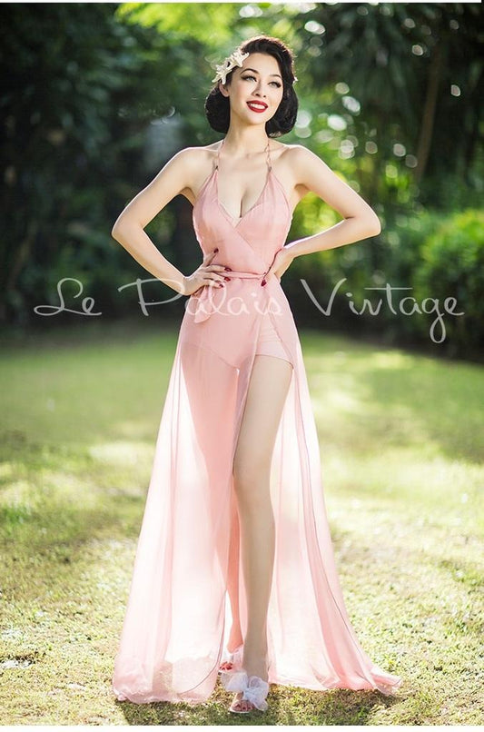 Vintage retro pinup 1950 Pink wrap around cover Maxi dress night gown- Goli