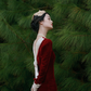 Retro red silk velvet puff sleeves backless white bow toast dress- Helen