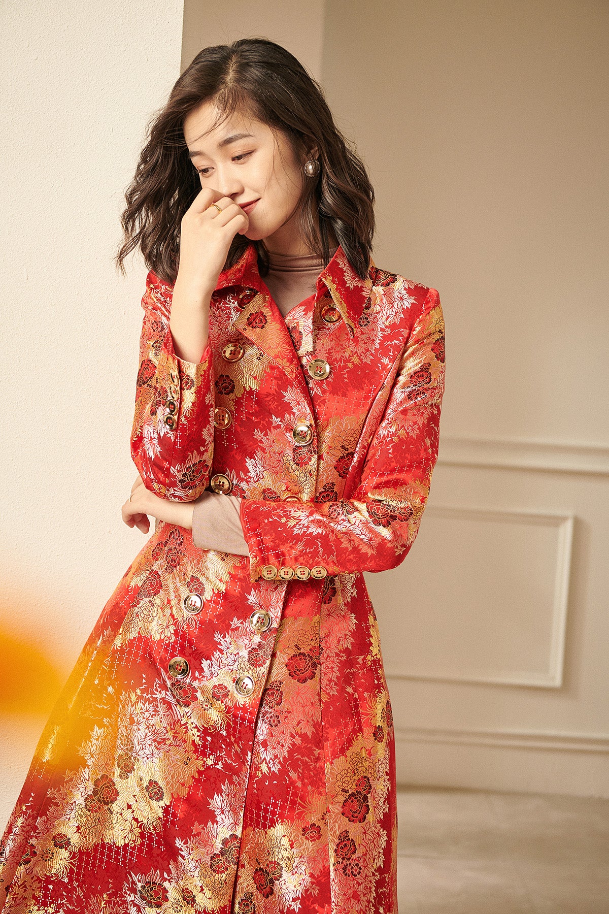 Autumn and winter luxury lapel double-breasted jacquard satin swing red yellow coat dress- Alia