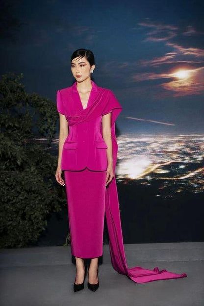 Elegant long drapping flap pencil skirt fuchsia suit set- Tati