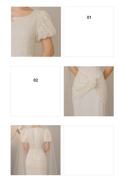 Vintage milky white retro-chic  rounded neckline, high-waisted cut, pullover closure lace dress- Turni