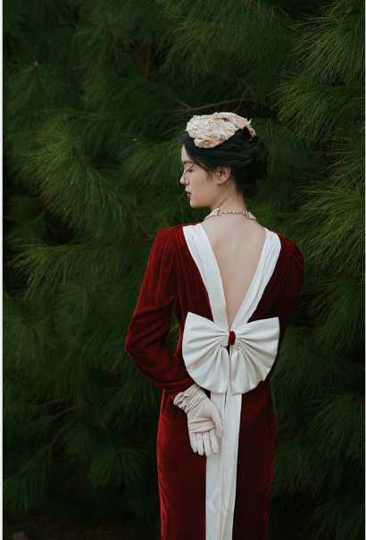 Retro red silk velvet puff sleeves backless white bow toast dress- Hel GOOD GIRL REBEL Retro red silk velvet puff sleeves backless white bow toast dress- Hel GOOD GIRL REBEL