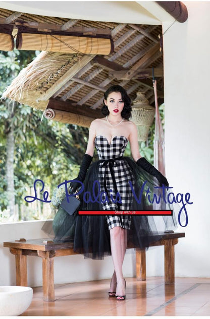 Le palais vintage retro pinup strapless velveteen checkered pencil dress and tutu set- Chloe