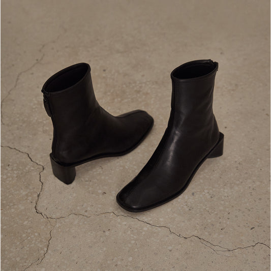 Leather square toe boots all-match Martin short boots mid-heel- Harki
