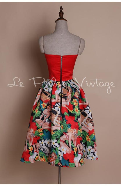 Vintage retro pinup 1950 strapless bustier full skirt floral dress- Dila