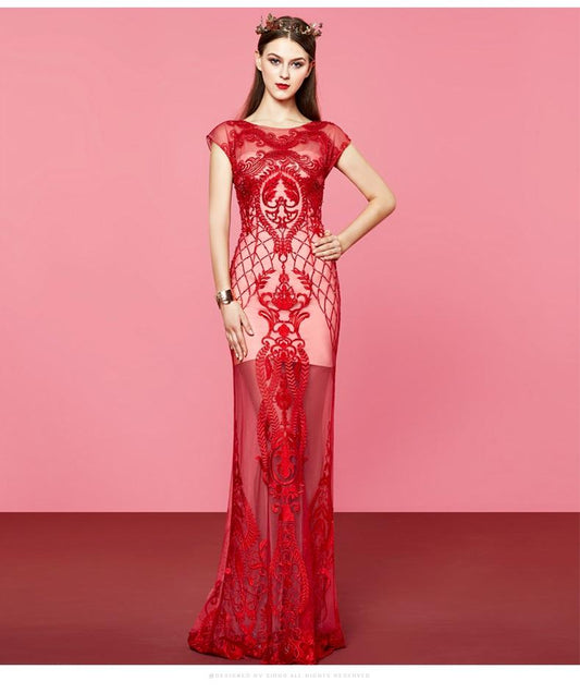 red banquet evening dress long formal lace bridesmaids evening gown dress- Lain