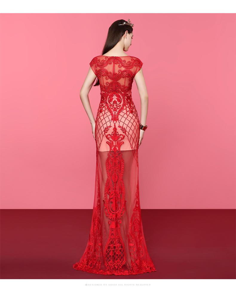red banquet evening dress long formal lace bridesmaids evening gown dress- Lain