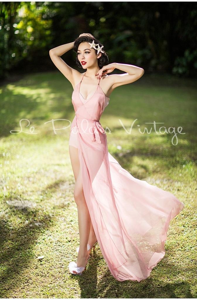Vintage retro pinup 1950 Pink wrap around cover Maxi dress night gown- Goli