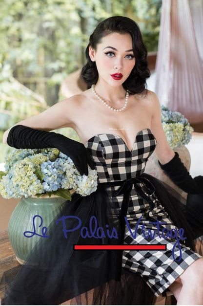 Le palais vintage retro pinup strapless velveteen checkered pencil dress and tutu set- Chloe