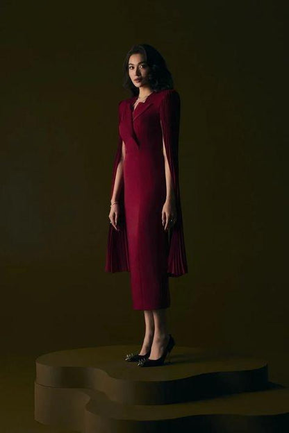 Red elegant long sleeve pleated dress- Liam