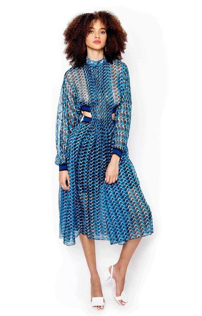 faux blue printed chiffon side cut out midi flowy dress gown - Terai