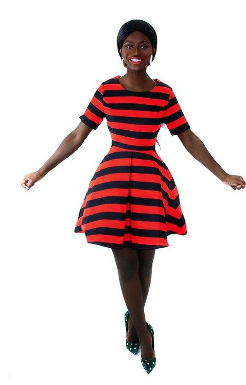 Black and red-orange horizontal stripe pleated chic skater cocktail dress- Doll Effect M Black and red-orange horizontal stripe pleated chic skater cocktail dress- Doll Effect M
