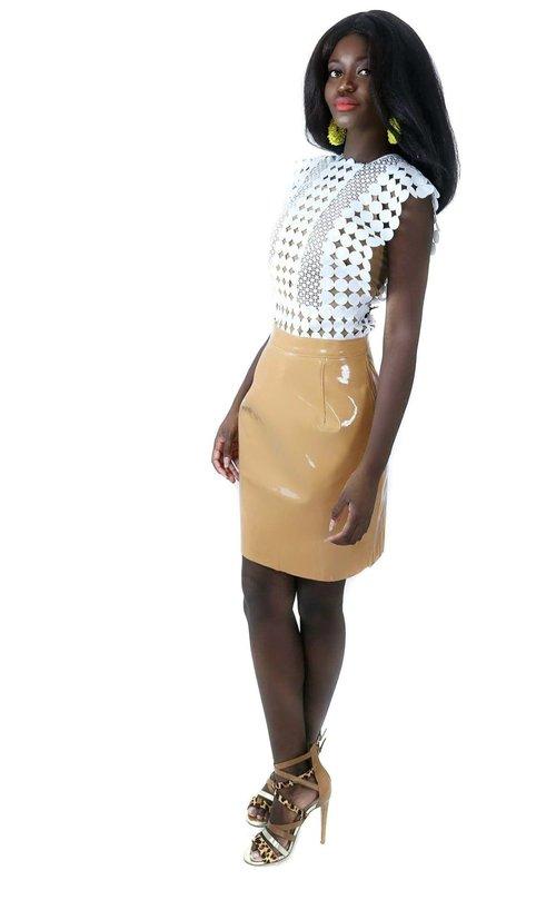Limited edition pattern latter glossy pu leather nude short skirt  Bino