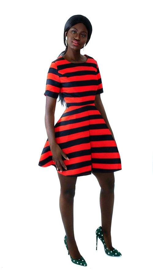 Black and red-orange horizontal stripe pleated chic skater cocktail dress- Doll Effect