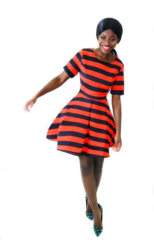 Black and red-orange horizontal stripe pleated chic skater cocktail dress- Doll Effect