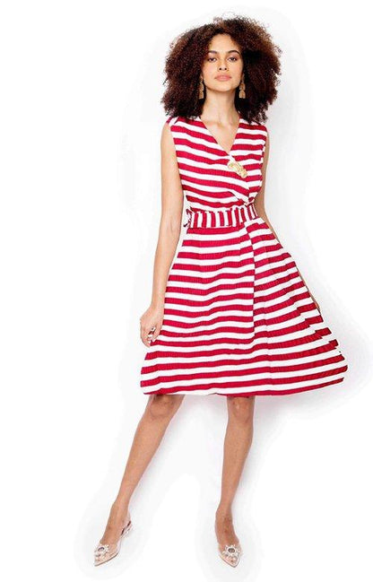 Cocktail Mother of the bride white red stripes sleeveless dress- Fiodor