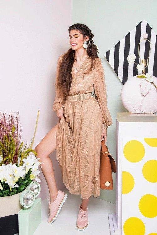 Limited edition tan nude brown midi lace skirt + lantern sleeve blouse top two-piece set