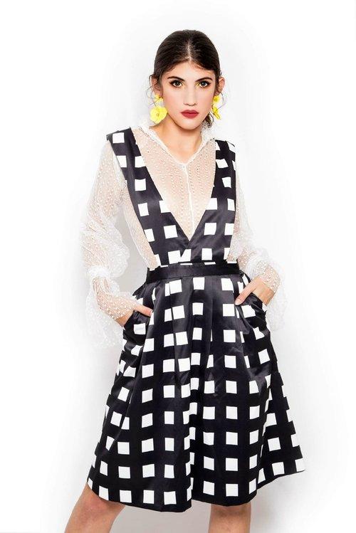 blue black and white print bold checkers deep v-cut pinafore dress-Yelin