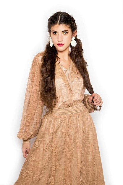 Limited edition tan nude brown midi lace skirt + lantern sleeve blouse top two-piece set