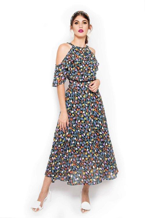 floral printed vacation destination wedding cocktail summer multi-color chiffon maxi dress