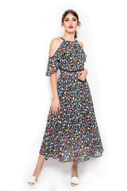 floral printed vacation destination wedding cocktail summer multi-color chiffon maxi dress