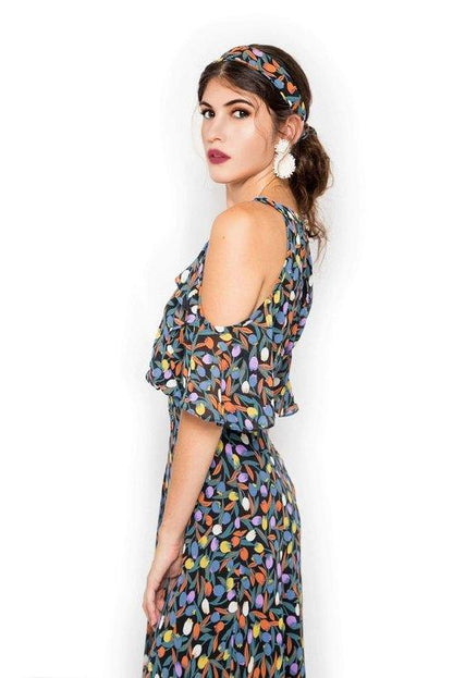 floral printed vacation destination wedding cocktail summer multi-color chiffon maxi dress