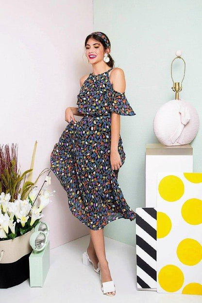 floral printed vacation destination wedding cocktail summer multi-color chiffon maxi dress