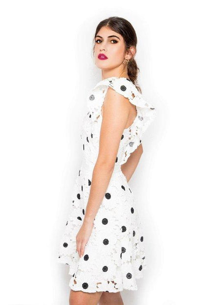 Exquisite bold sleeveless white lace ruffle sleeve polka embroidered cocktail dress- Ami