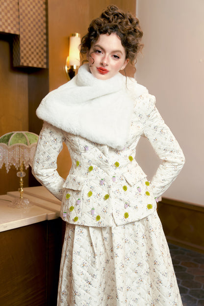 Bead floral cotton jacket half skirt white scarf shawl suit set- Malibu