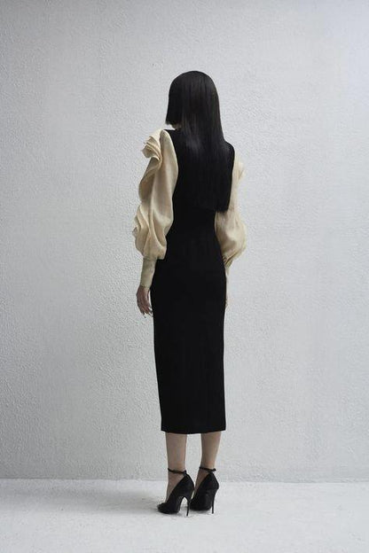 Black Long puffy sleeve with drappes midi pencil skirt dress- Livia
