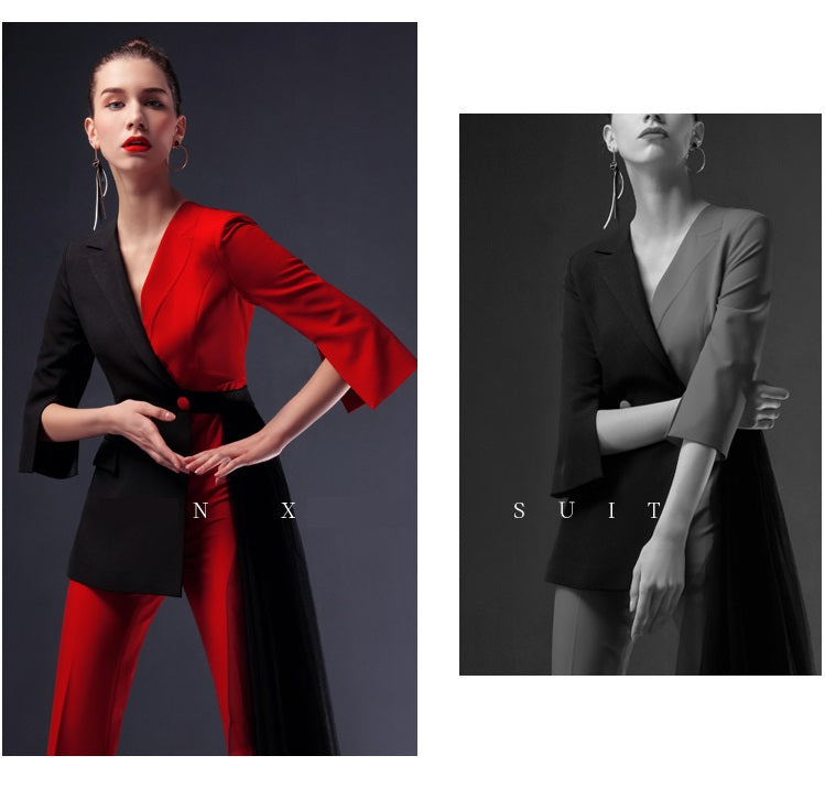 Red suit women's 2023 Spring  fake two-piece high-waisted flared jumpsuit- Cuca