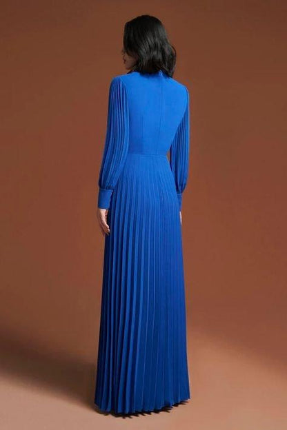 High end long sleeve pleated royal blue dress- Kari
